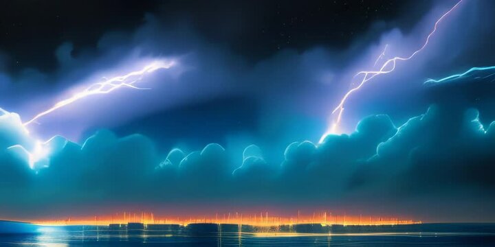 Animaci&oacute;n de tormenta de rayos extendi&eacute;ndose hasta el horizonte, nubes coloridas y llamativas