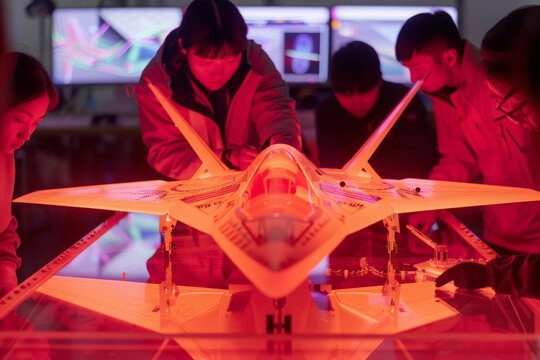 Engineers meticulously examine a model fighter jet in a wind tunnel facility.