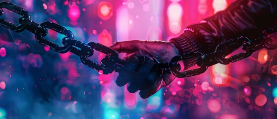 Obraz premium Gloved hand grasping a chain against a blurred background of neon lights.