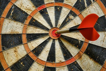 A weathered dartboard with a single red dart perfectly positioned in the bullseye.
