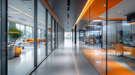 Modern office hallway with glass walls and an orange accent wall.