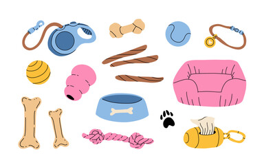 Dogs toys cartoon set. Pets supplies, playing accessories for puppy. Canine knotted rope, ball, collar, chewing items, squeaky ball, bowl. Flat vector illustrations isolated on white background
