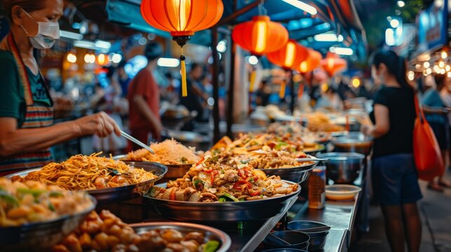 A bustling street food market in Bangkok, with vendors serving spicy pad thai and fresh mango sticky rice under colorful lanterns.