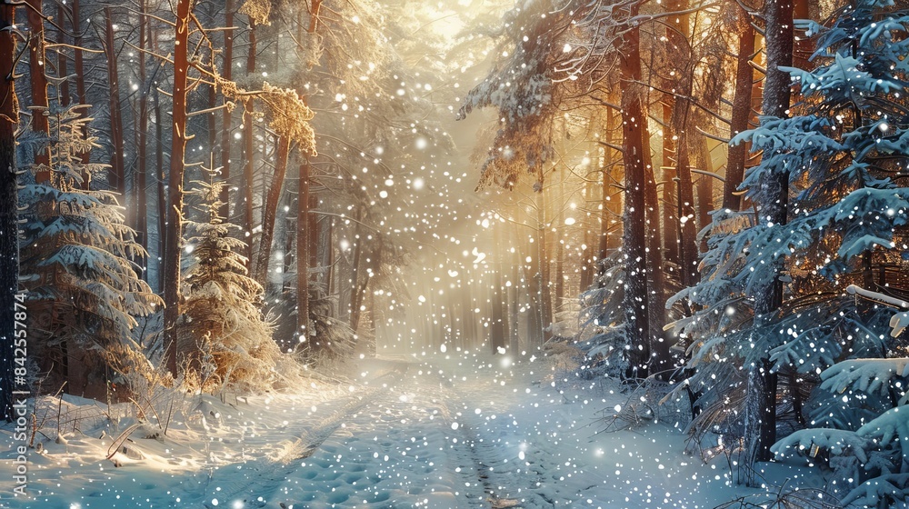 Poster a snowy forest with a path through it. the snow is falling and the sun is shining through the trees.