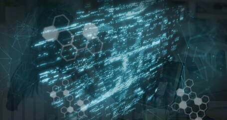 Image of data processing and security padlock over woman using laptop