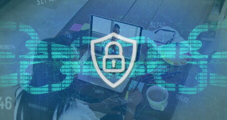 Image of data processing and security padlock over woman using laptop