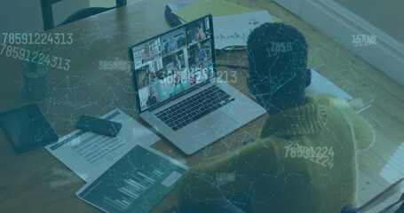 Image of data processing and security fingerprint over woman using laptop