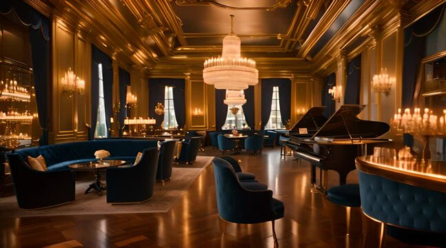 Bar table with luxury blue bar stools. Luxury loft lounge bar interior