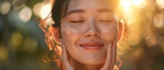 Fototapeta premium Woman with closed eyes touching her face in the sunlight.