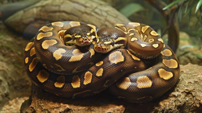 Two ball pythons curled up together in a terrarium, their intricate patterns creating a captivating image.