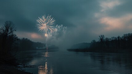 Red, blue, white fireworks above water with reflection on the black sky background. 4th of july celebration. American holiday. Generative ai