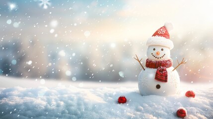 Fototapeta premium Cute snowman wearing hat and scarf standing in winter snowy landscape.
