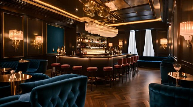 Bar table with luxury blue bar stools. Luxury loft lounge bar interior
