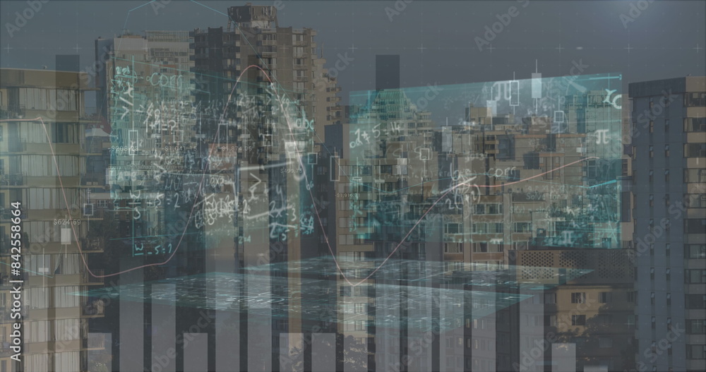 Poster image of data processing over screens and cityscape