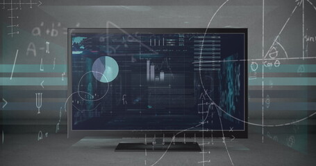 Image of data processing over screen on grey background