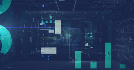 Image of data processing over screens on blue background