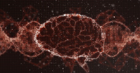 Human brain spinning against red digital waves on black background