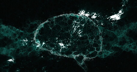 Human brain spinning against green digital waves on black background