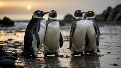 Obraz premium penguins, covered in oil, huddle together on a dark, polluted beach, struggling to move and find clean water