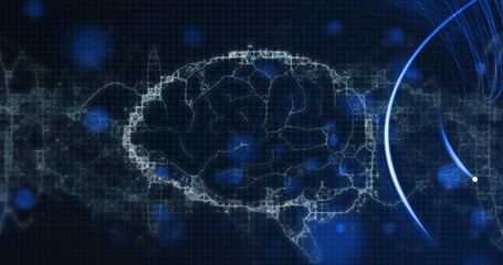 Digital waves over human brain icon against blue spots of light on blue background