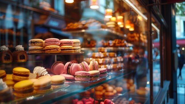 A Parisian patisserie window filled with exquisite pastries and macarons, drawing passersby with its elegant display and sweet scents.