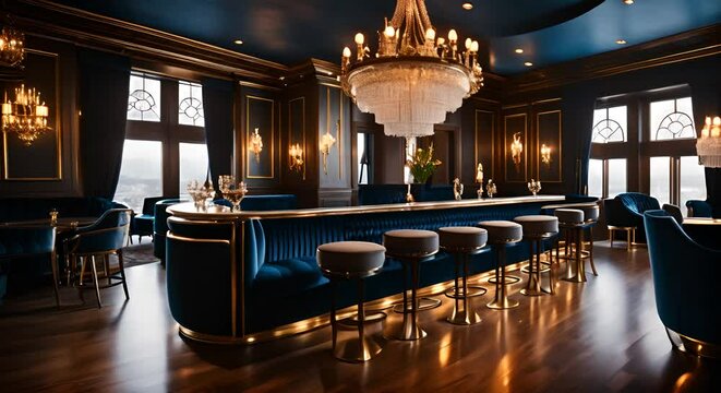 Bar table with luxury blue bar stools. Luxury loft lounge bar interior