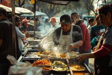 A street vendor in Mexico City making tacos al pastor, with a crowd of locals and tourists eagerly waiting, highlighting authentic street food culture.