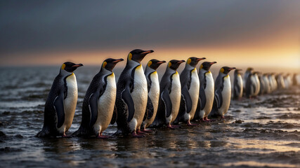 penguins, covered in oil, huddle together on a dark, polluted beach, struggling to move and find clean water