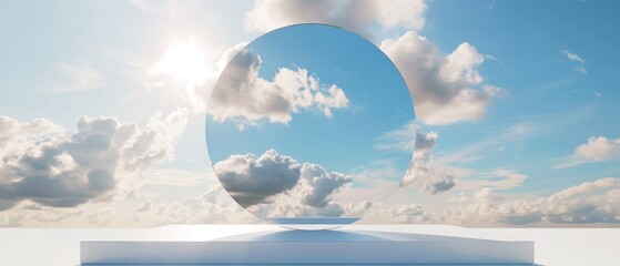 3D rendering of a surreal landscape with a large sphere floating in the sky.