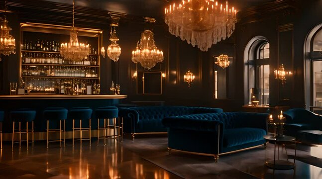 Bar table with luxury blue bar stools. Luxury loft lounge bar interior