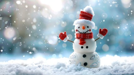 Fototapeta premium A cute snowman is standing in the snow. He is wearing a red hat and scarf, and has a carrot for a nose. The background is a winter landscape with snow-covered trees and mountains.