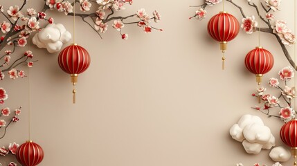 3d realistic chinese background new year the design in the middle is empty, there cloud illustration, branch and flowers, the flower with white and red colors, hanging chinese lampion, chinese seamles