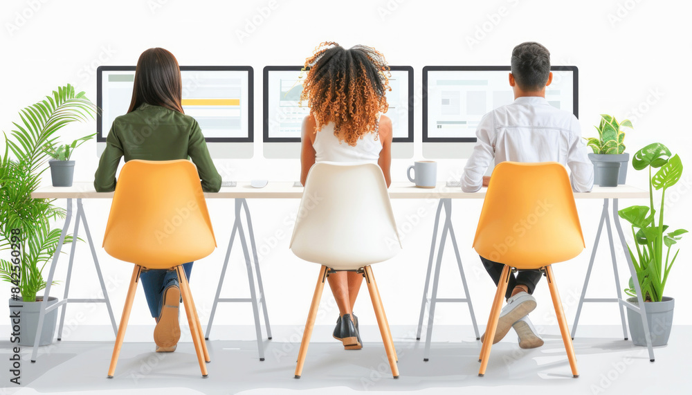 Poster three individuals are seated at a desk, each focused on a computer screen in front of them