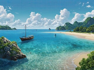 Beach landscape boat island wallpaper