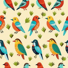 colorful bird parrot sparrowand colored butterflies on field abstrac tree, seamless pattern, isolated illustration for textile, wallpapers or floral background.