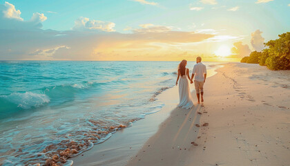 A man and a woman are leisurely strolling along the beach as the sun sets in the horizon