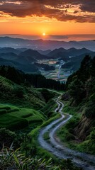 Sunset over rice terraces in Japan