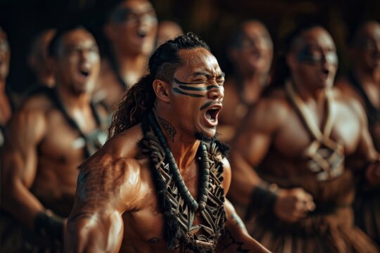 A group of Maori performing the haka at a cultural event, demonstrating the power and pride of their indigenous heritage.