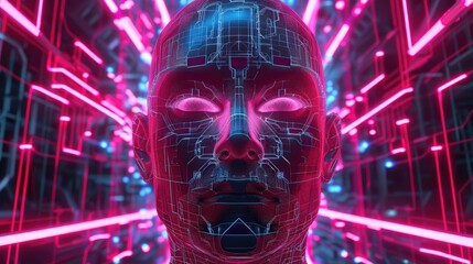 Close up futuristic face with red light. Suitable for technology, artificial intelligence, scifi, cyberpunk concepts in digital designs.