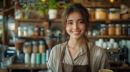 Cheerful waitress serving coffee with a smile in cozy American cafe setting.
