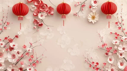 Papier peint photo Patrons 3d realistic chinese background new year the design in the middle is empty, there cloud illustration, branch and flowers, the flower with white and red colors, hanging chinese lampion, chinese seamles  © imlane