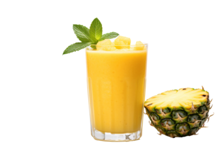 a glass of yellow liquid next to a pineapple