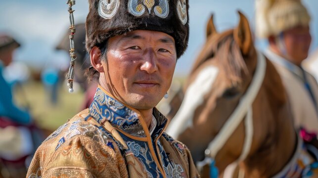 A Mongolian Naadam festival showcasing traditional games like wrestling and horse racing, rooted in nomadic customs.