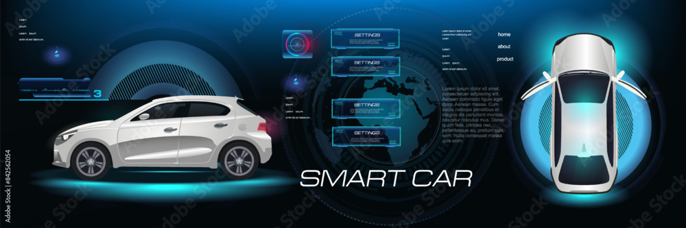 Aufkleber presentation city electric car with network settings and parameters. car with electronic touch contr