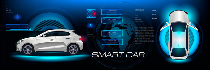Presentation city electric car with network settings and parameters. Car with electronic touch control interface. Electric car with touch screen and control settings. Futuristic banner with car and se
