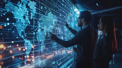 Creative business team brainstorming and ideating for innovative projects, virtual screen blend 