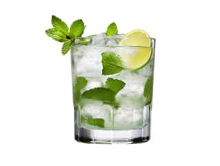 a glass with ice and mint leaves and lime slices
