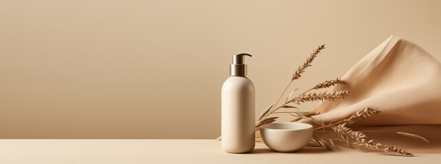 composition of cosmetics minimalism beige background