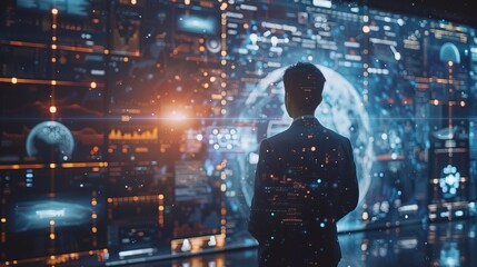 A businessman collaborates with AI algorithms, fostering innovation in a high-tech environment to stay ahead, virtual screen blend