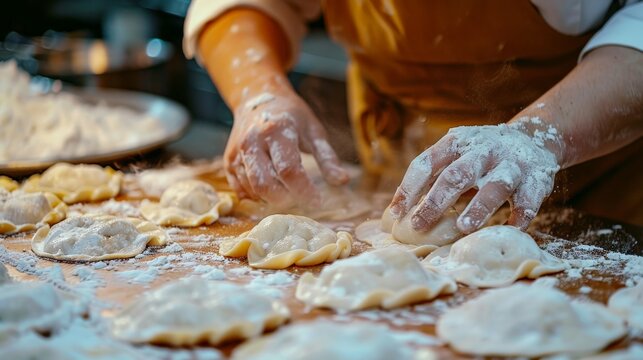 A Polish pierogi making workshop in a culinary school, where students learn about the cultural significance of this traditional dish.